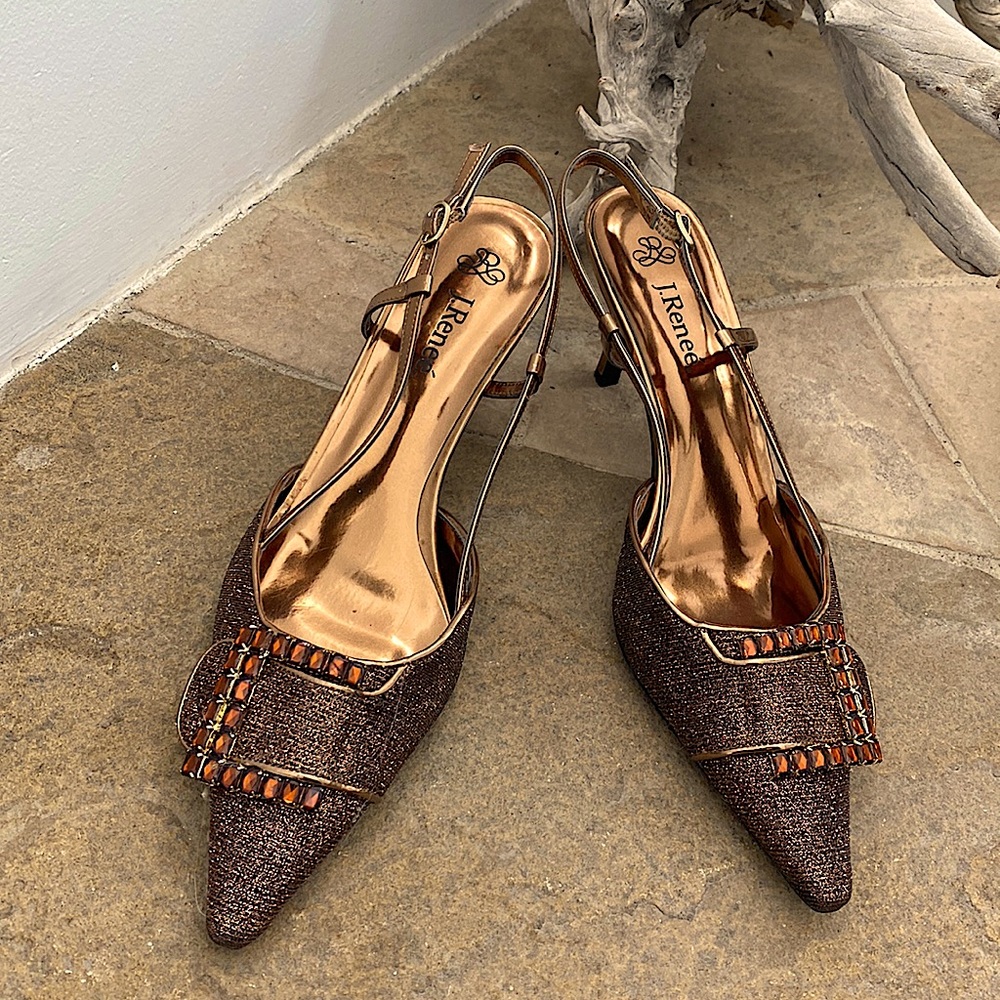 J. Reneé bronze metallic sling back heels with bead buckle - 10 M